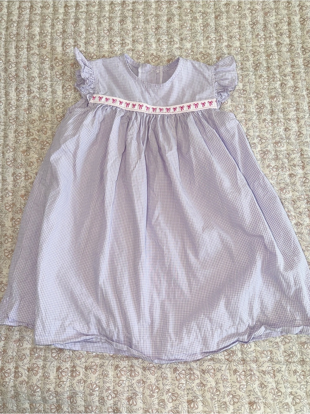 Girls Lavender Gingham Smocked Flutter Sleeve Dress